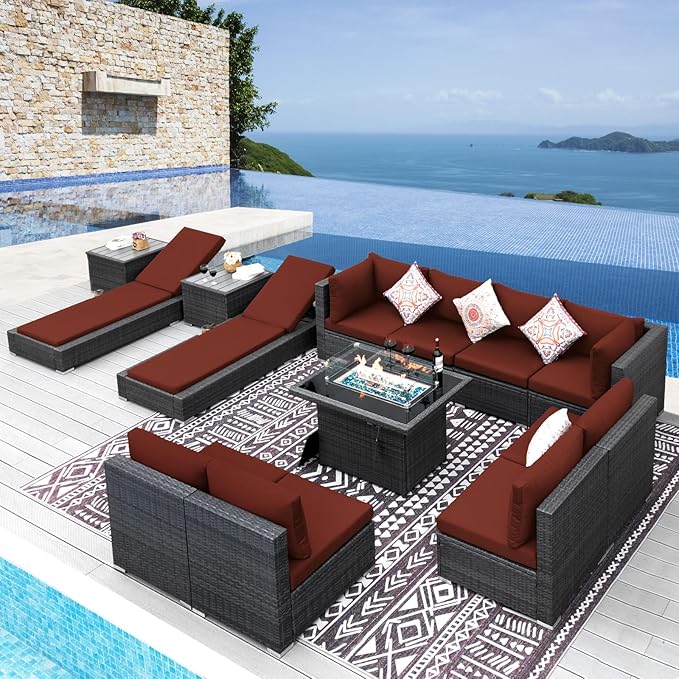NICESOUL 13 Piece Outdoor Furniture with Fire Pit, Luxurious Wicker Patio Sectional with Fire Pit & Chaise Lounge, 500 lbs Heavy Duty 10-Person Deep Wide Couch Set for Deck, Lawn, Grey & Burgundy