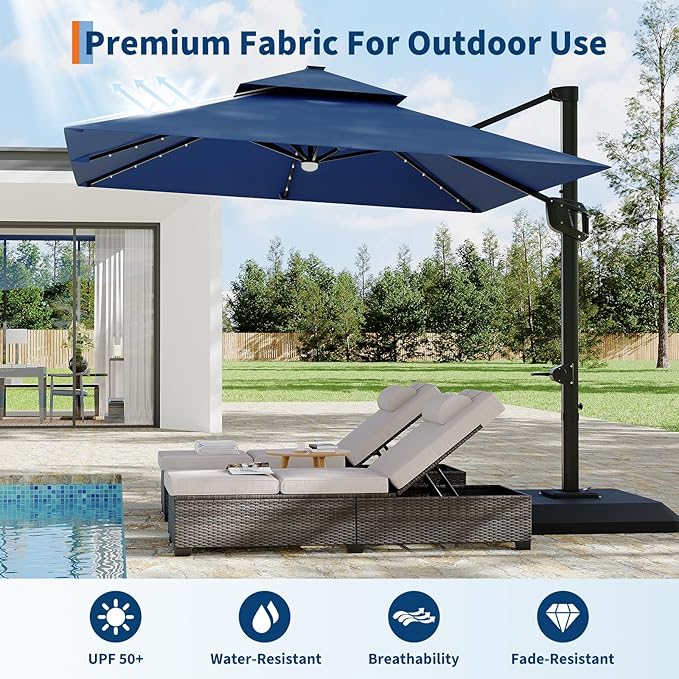 Garvee 10 ft Solar Lights Cantilever Patio Umbrella with Base Included, 360° Rotation Offset Umbrella, Easy Crank & Tilt Adjustment, UV Protection for Backyard, Poolside, Deck -Navy Blue
