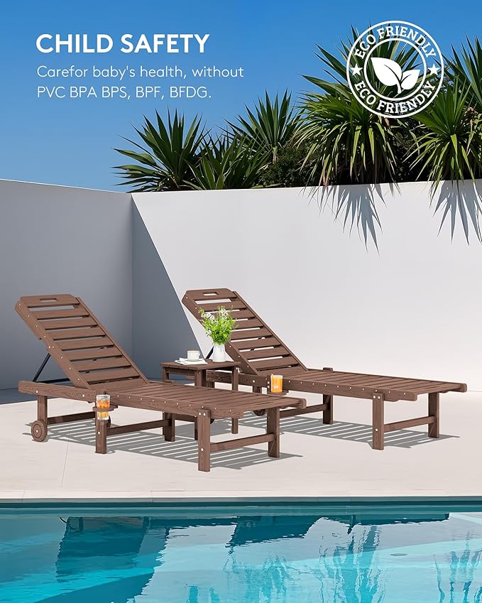 SERWALL Outdoor Chaise Lounge Set of 6, HDPE Pool Lounge Chair with 5-Position Adjustable Backrest, Patio Lounger with Rolling Wheels & Cup Holder for Pool, Brown