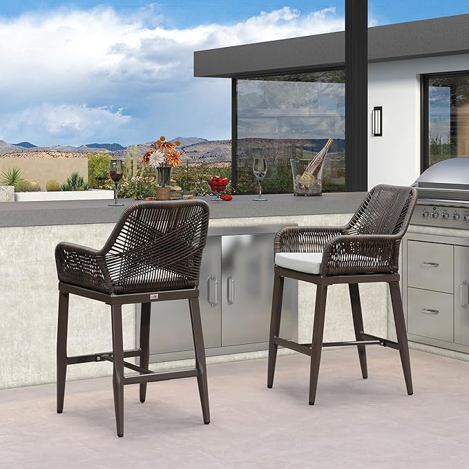 PURPLE LEAF Outdoor 24" Counter Height Bar Stools Chair Set of 2, All Weather Rattan and Aluminum Patio Bar Stool with Cushion for Indoor and Outdoor, Kitchen Island, Coffee