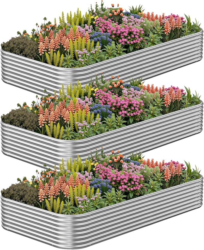 3 Pack Corrugated Galvanized Steel Raised Garden Bed Outdoor, Metal Above Ground Garden Bed for Vegetables and Flowers, Raised Beds for Gardening-4x2FT