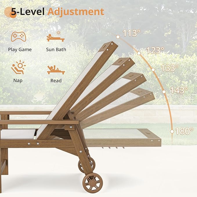 LUE BONA Chaise Lounge Chair Outdoor Set of 4, HDPS and HDPE Wicker Chaise Lounger with 5 Positions, Pool Lounge Chairs with Wheels and Adjustable Backrest for Patio, Poolside, Deck, Backyard
