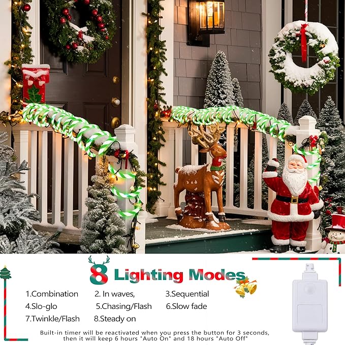 Jnaurb Christmas Candy Cane Lights, 33ft 240 LED Connectable Flexible White & Green Candy Cane Rope Lights for Outside, 8 Modes Waterproof LED Christmas Light for Garden Patio Tree Holiday Party Decor