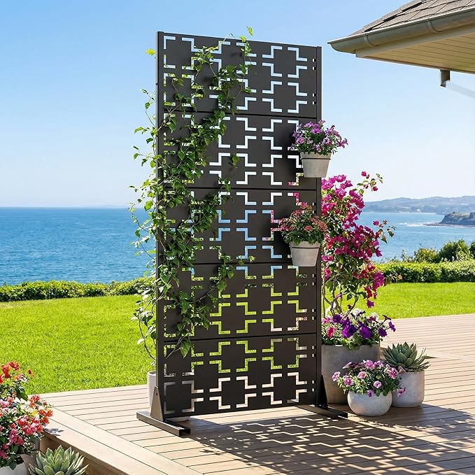 Casaphoria Metal Privacy Screen Outdoor, 60" H x 30" W Freestanding Decorative Privacy Screen for Patio Deck Balcony Garden with Stable Base, Black-Square