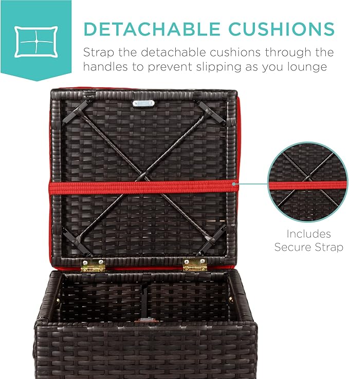 Best Choice Products Set of 2 Wicker Ottomans, Multipurpose Outdoor Furniture for Patio, Backyard, Additional Seating, Footrest, Side Table w/Storage, Removable Cushions - Red/Brown