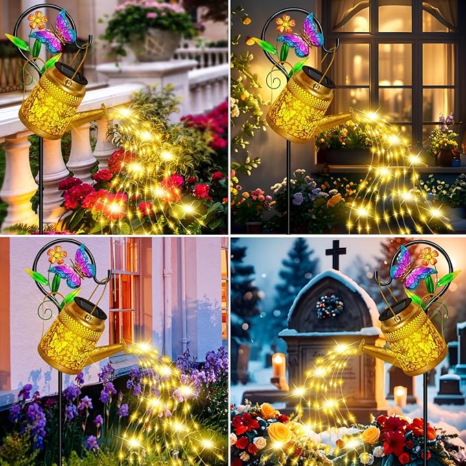 Solar Watering Can Lights Outdoor Garden Decor, Large Butterfly Hanging Lantern with Shepherd Hook, Waterproof Garden Lights for Outdoor Landscape Pathway Yard, Gift for Mom Grandma Christmas Gifts