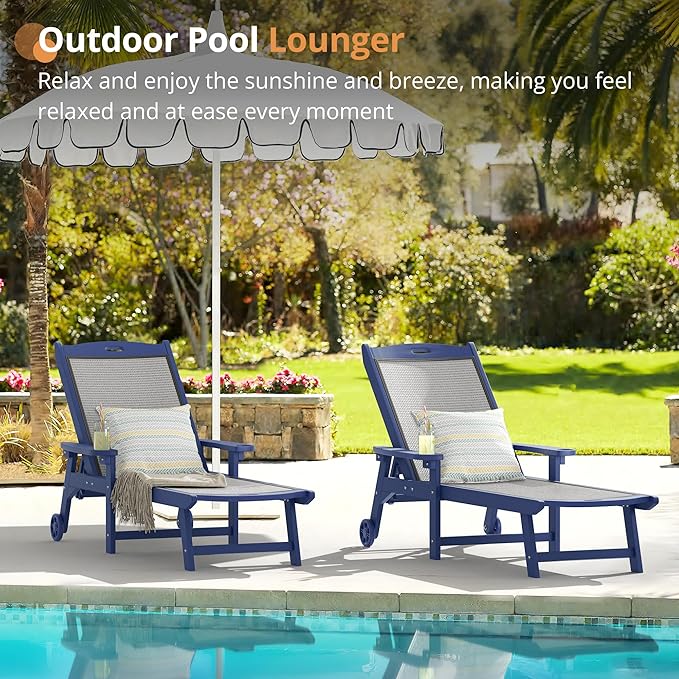 LUE BONA Chaise Lounge Chair Outdoor,HDPS and HDPE Wicker Material, Patio Lounge Chair with Adjustable Backrest, Resin Pool Lounge Chairs with Wheels for Backyard, Poolside and Deck,Navy