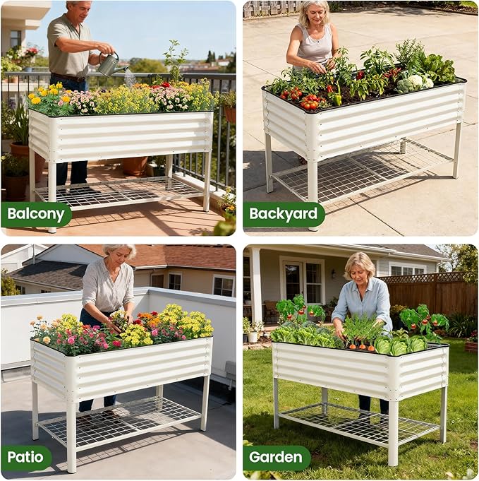 Elevated Raised Garden Bed 2' x 4'- Galvanized Metal Planter Boxes with Legs & Storage Rack, Outdoor Planters for Backyard/Patio/Balcony, with Drainage Holes for Vegetables, Flowers, Herbs, White