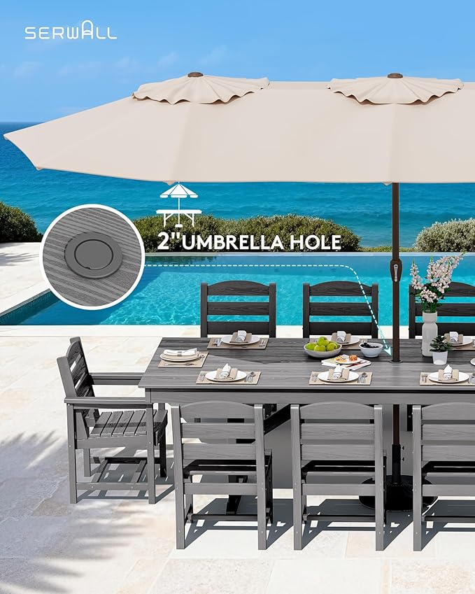 SERWALL 11 Piece Outdoor Dining Set, 84" HDPE Outdoor Table and Chairs for 10，All Weather Patio Furniture Set with Umbrella Hole for Backyard, Garden, Gray