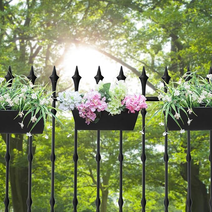 Railing Planters Outdoor Balcony 16 Inch Deck Over The Railing Planter Boxes Hanging Planters for Fence Flower 5 Pcs (Black)
