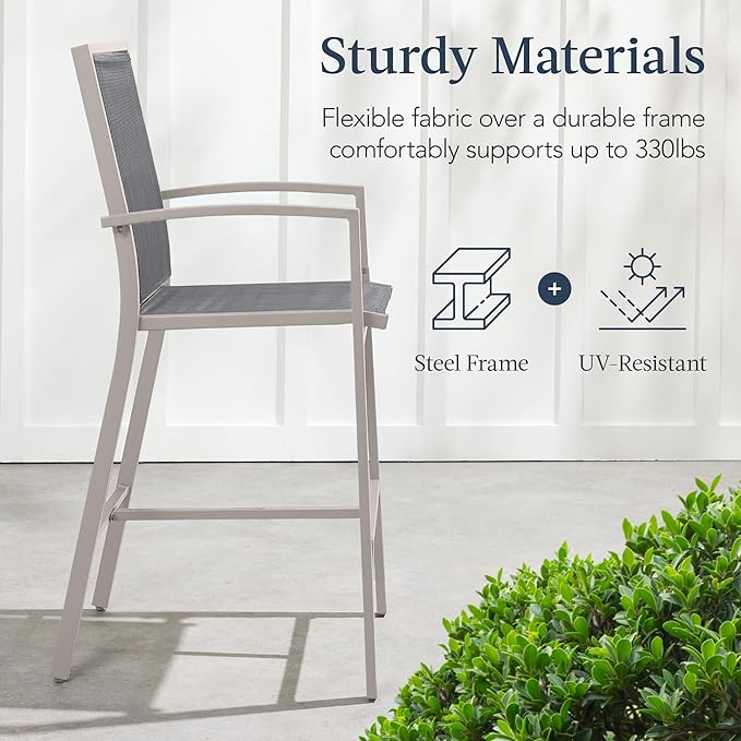 Best Choice Products Outdoor Bar Stools Set of 2, Bar Height, Patio Furniture, All Weather Mesh Design w/Armrest - Taupe/Charcoal