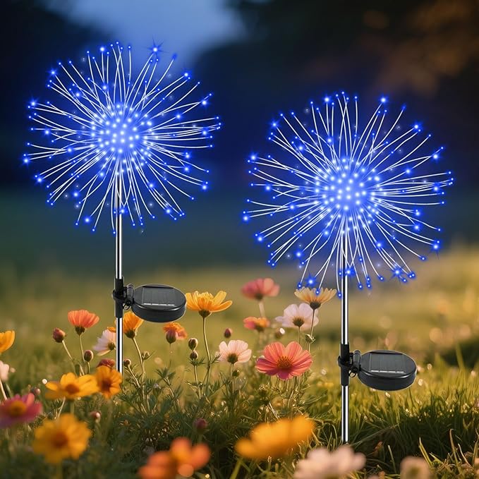 Garden Outdoor Lights, 2 Pack 120 LED Solar Garden Lights Fairy Lights Outdoor Waterproof Decorative Solar Firework Lights for Yard, Patio, Pathway, Flowerbed Party Wedding Decor, Blue