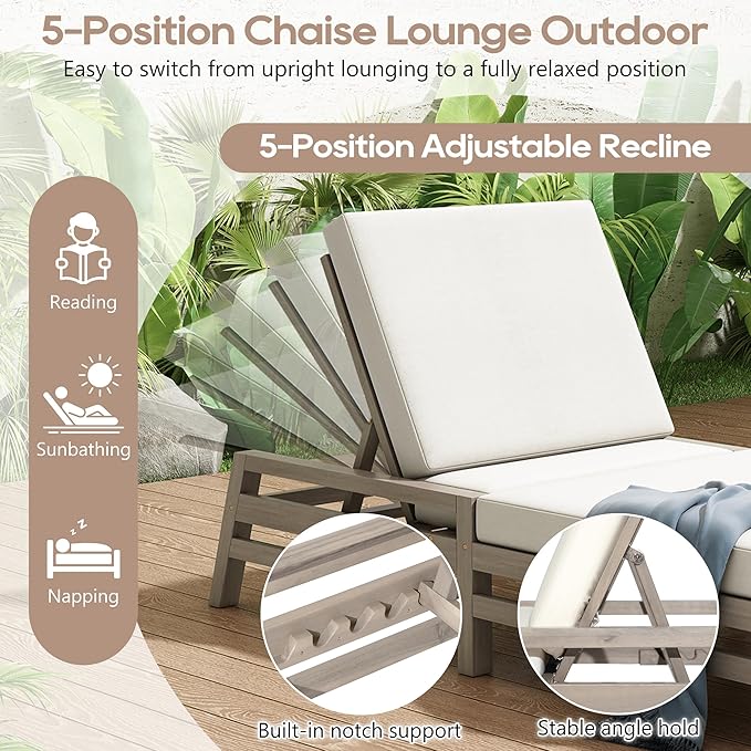 LUMISOL Patio Chaise Lounge Chair, 5-Position Adjustable Outdoor Chaise Lounge, Solid Wood Patio Recliner Chair with Thick Cushions, Weather-Resistant for Pool, Balcony, Garden, Grey