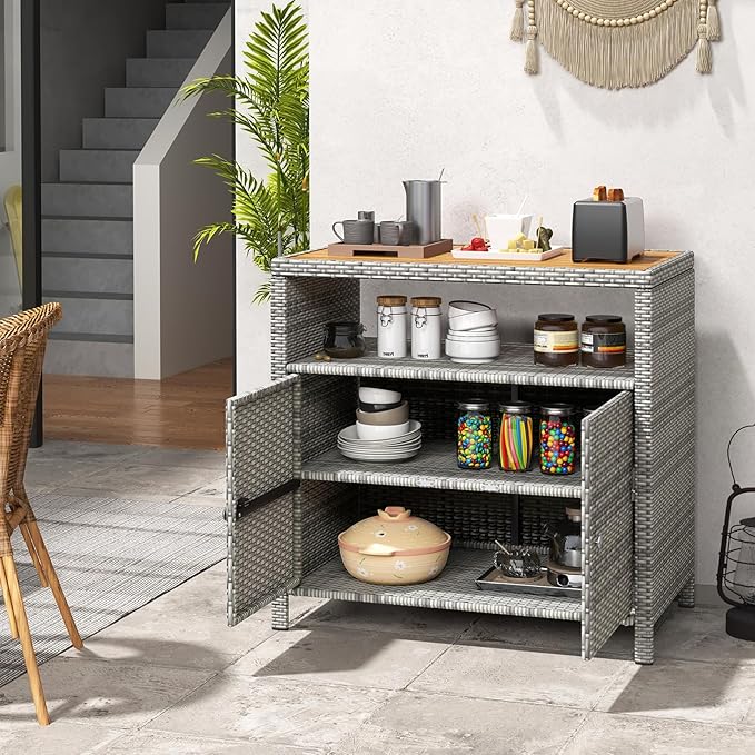 Tangkula Rattan Outdoor Storage Cabinet, Patiojoy Outdoor Cabinet with Acacia Wood Countertop, Open Compartment, 2-Door Wicker Sideboard, Outdoor Bar for Patio Garden Backyard Poolside (Mix Grey)