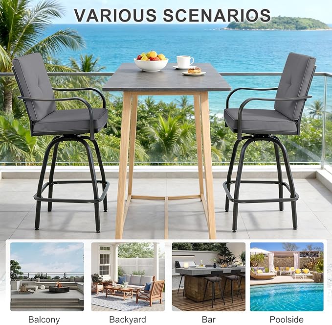 Patio Swivel Bar Stools Set of 6, Outdoor Bar Height Swivel Chairs with Cushions for Garden Balcony Backyard, Grey