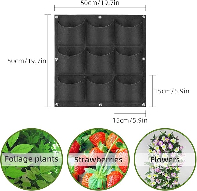 Hanging Planting Grow Bags, 9 Pockets Hanging Vertical Wall Planter Wall Mounted Grow Bag Outdoor Indoor Gardening Vertical Greening Flower Container, Planting Bags Storage Bags(0.5 m × 0.5 m, Black)
