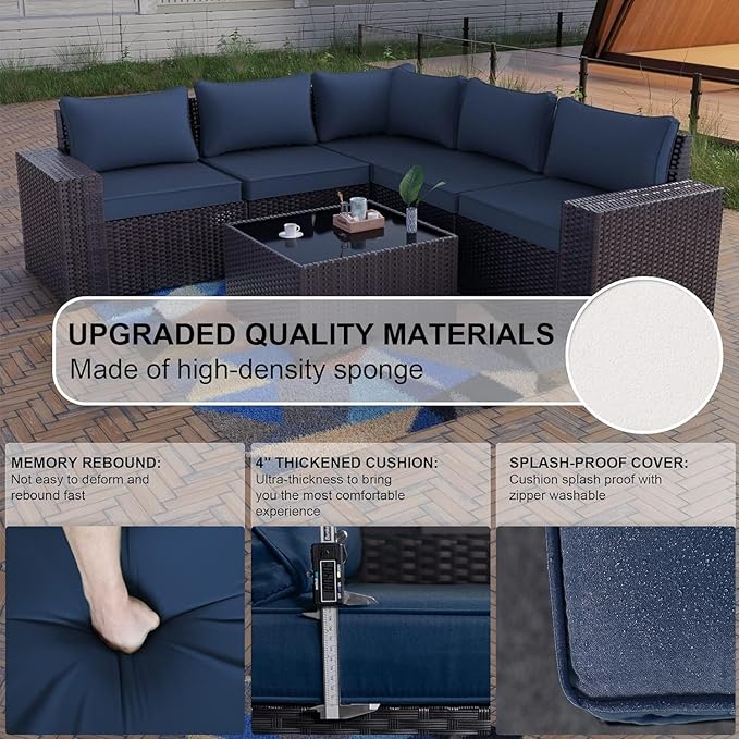 Kullavik 9 Pieces Outdoor Patio Furniture Set,PE Wicker Rattan Sectional Sofa Patio Conversation Sets with Swivel Rocking Chairs Set,Navy Blue