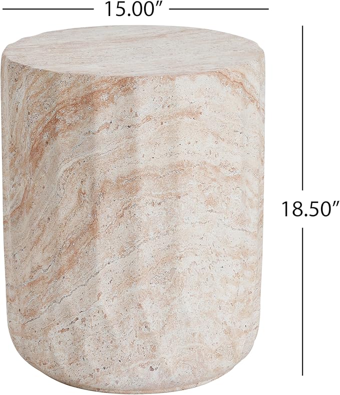 Christopher Knight Home Jayme 18.5" Indoor Outdoor Cylinder Accent Side Table, Patio Decorative End Table, Lightweight Concrete Garden Stool for Patio Living Room Balcony & Garden Decor, Travertine