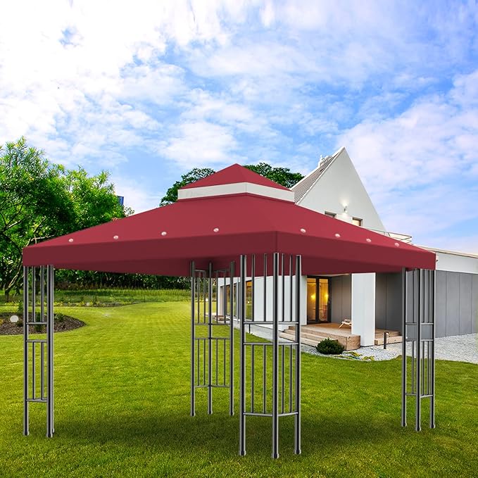 Sumfaller 10x10 FT Gazebo Replacement Canopy Top Cover Double Tiered Canopy Top Cover for Outdoor BBQ Roof Cover Grill Shelter (Red)