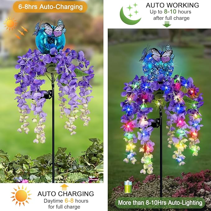 Solar Lights Outdoor Pathway,Wisteria Flower Garden Stakes,Colorful LED Lights for Yard,Patio,Lawn,Solar Powered Garden Decortions,Spring Gifts for Women