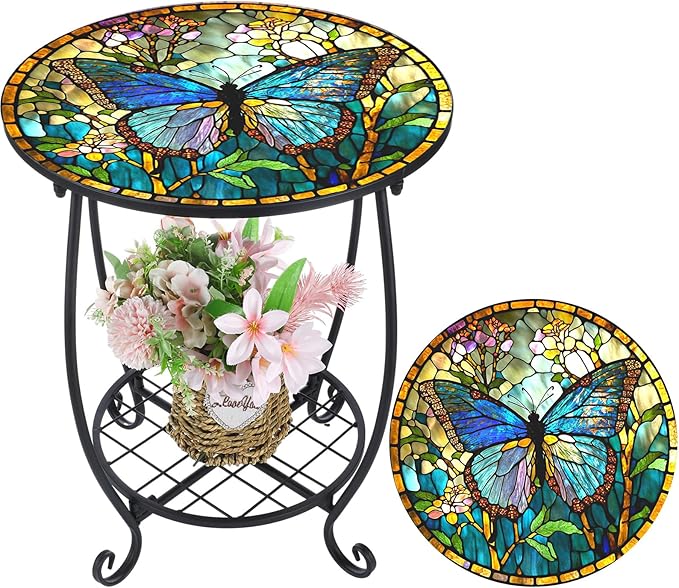 Outdoor Side Table Round Small Mosaic Patio Accent Indoor End Plant Coffee Tea Table for Yard Patio Porch Garden Living Room, Bedroom(Butterfly Style,18 Inch)