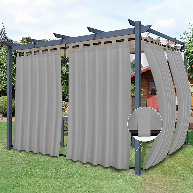 Easy-Going Outdoor Patio Curtains Detachable Tab Top Windproof Weatherproof Curtain for Cabana, Porch, Pergola and Gazebo, Tab Bottom Drape, 2 Panels, 54W x 96L inch, Light Grey
