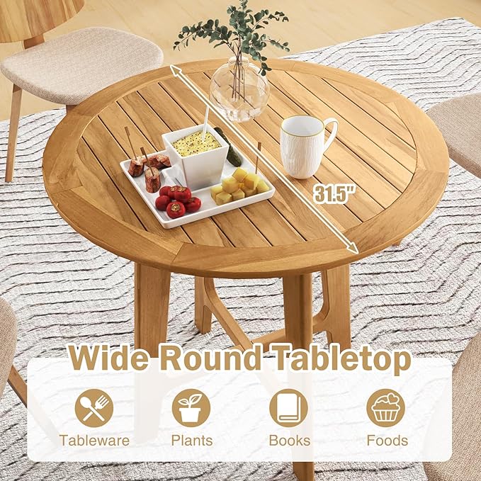 Tangkula 31.5" Round Patio Dining Table, Teak Wood Outdoor Dining Table with Slatted Tabletop, X-Shaped Frame & 4 Sturdy Supporting Legs, Indoor or Outside Table for Deck, Garden, Poolside & Backyard