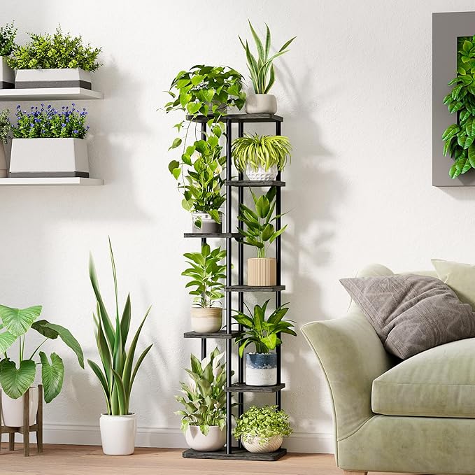Bamworld Tall Plant Stand Indoor, Corner 7 Tier Metal Plant Shelf for Multiple Plants, Tiered Flower Pot Stands for Patio Garden Balcony Living Room Bedroom, Black