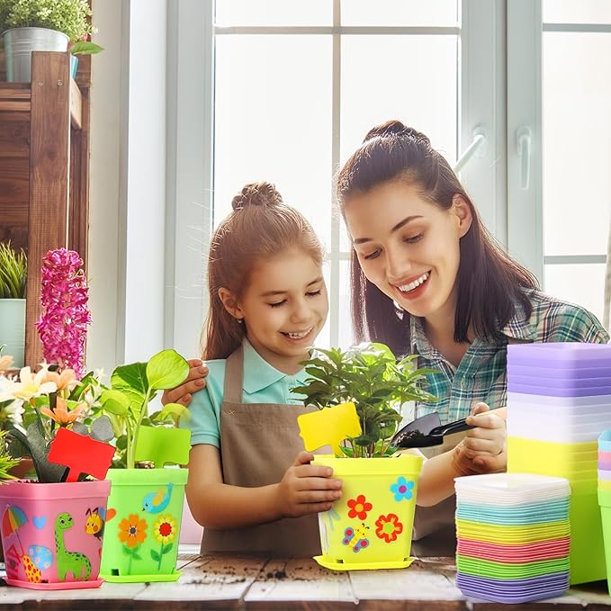 Capoda 48 Sets Garden Flower Pots Crafts Kit DIY Spring Plastic Seedling Nursery Pots with Stickers Plant Labels Growth Charts Planting Growing Tools Classroom Activities Project Gifts (Square)