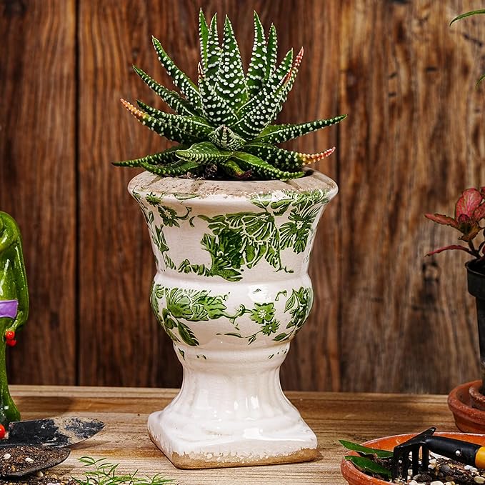 Sungmor Small Ceramic Urn Planter - Green Scroll Floral Pedestal Flower Pot, Decorative Vintage Chinoiserie Style Planters, Tuscan Accent Vase Indoor Outdoor Plant Holder with Drainage