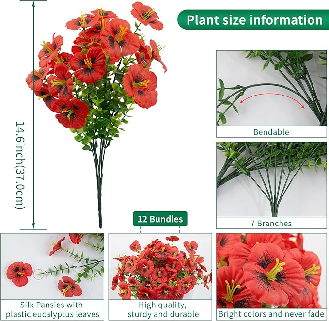 12 Bundles Artificial Pansy Flowers for Outdoor, Faux Silk Pansies Spring Flowers Outside for Planter Front Door Porch Patio Yard Window Box Home Decor (Red)