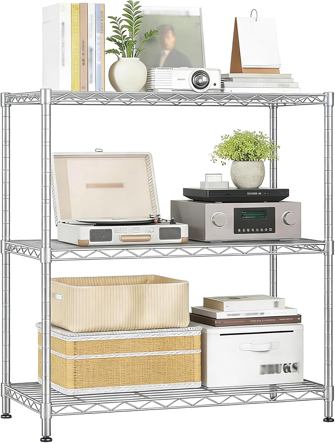 Xcity Storage Shelves, 3 Tier Heavy Duty Metal Shelving Unit with Wheels, 1050 LBS Capacity Adjustable Steel Wire Shelf Organizer for Pantry, Kitchen, Garage, 14" D x 24" W x 30" H, Chrome