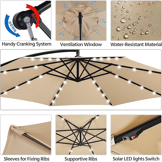 Yaheetech 10FT Solar Offset Umbrella with 32 LED Lights Cantilever Hanging Outdoor Umbrellas Handy Crank & Cross Base for Lawn/Deck/Backyard/Pool Tan