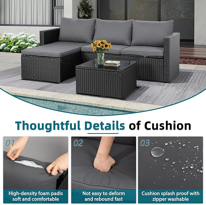 3-Piece Outdoor Patio Sectional Sofa Set with Glass Coffee Table & Ottoman — All-Weather PE Rattan Conversation Furniture, Black Rattan & Grey Cushions, Perfect for Garden, Backyard, Deck, Grey