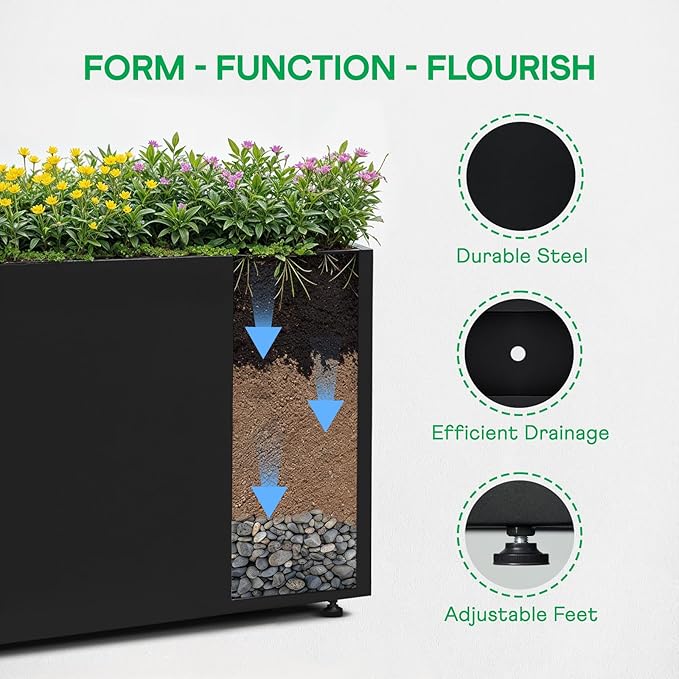 IDZO 35.4" W x 25.6" H Metal Planter Box, Privacy Trough for Patio, Rectangle Container for Outdoor Plants, Tall Large Rectangular Steel Bed for Outdoor Greens with Drainage Holes & Adjustable Feet