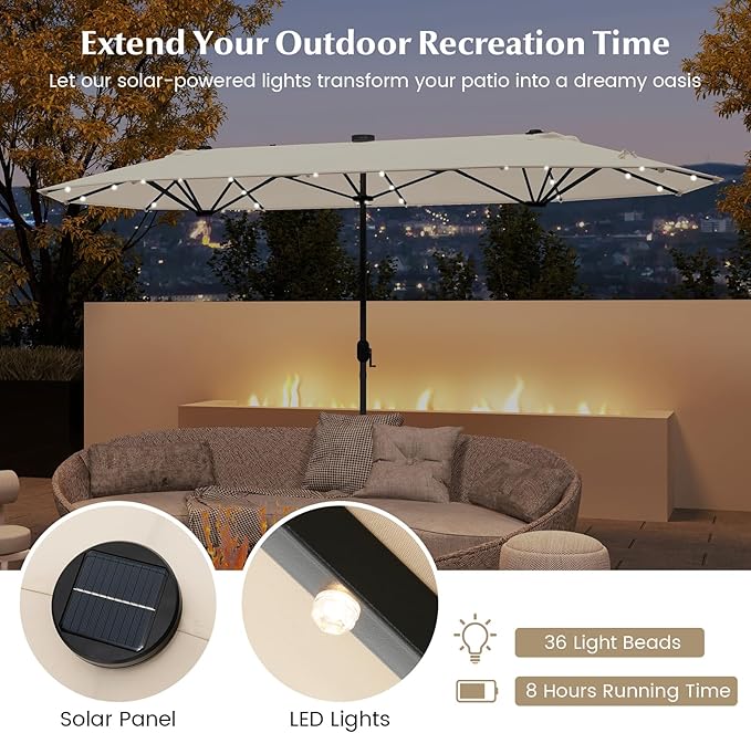 Tangkula 9 Pieces Rattan Outdoor Dining Set with 13Ft Solar Patio Umbrella for 6, Outdoor Wicker Table Set with 8 Cushioned Chairs, Acacia Wood Top, Outdoor Umbrella with Base Included