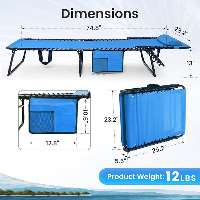 Folding Chaise Lounge Chair - 400lb Capacity, 5-Position Adjustable Recliner with Pillow | Portable for Patio, Pool, Camping & Sunbathing (Blue)