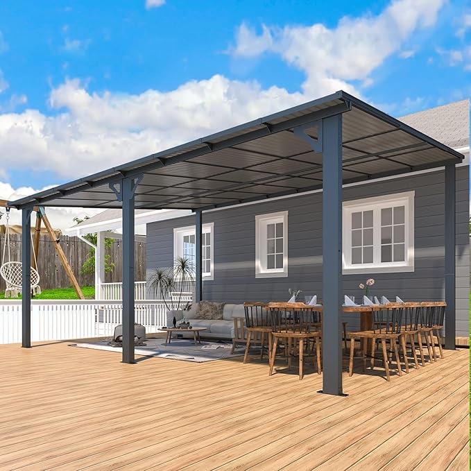 AECOJOY 16' x 12' Gazebo Outdoor Pergola for Patio, 12x16 Large Wall-Mounted Hard Top Lean to Metal Gazebo Shelter Pergolas and Gazebos Clearance with Patio Roof, Heavy Duty Awnings for Decks