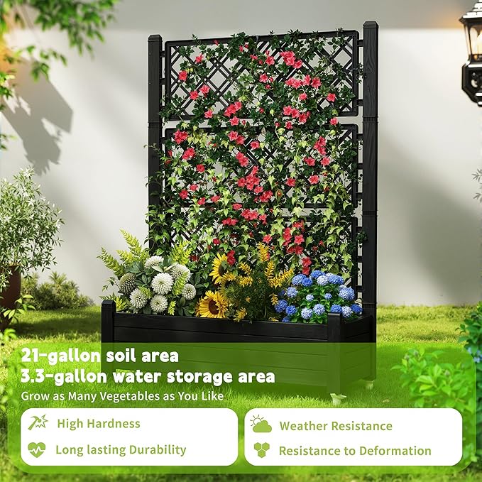 Raised Garden Bed with Trellis, 21 Gallon Self Watering Planter Box with Lockable Wheels & Drainage Holes for Climbing Plants Vegetables Flowers, Anti-Rust Resin for Backyard Patio (Black)