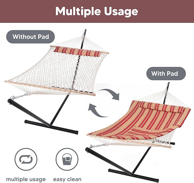 SUNCREAT Hammocks Portable Hammock with Stand, Hammock with Stand 2 Person Heavy Duty for Bedroom, Backyard, Patio, Balcony, Red Stripe