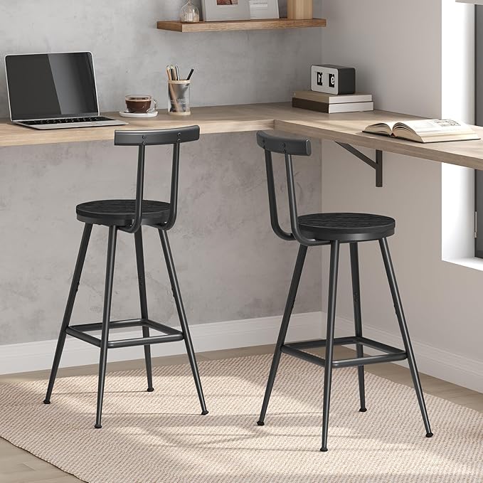 Bar Stools, Set of 2 Bar Chairs with Backrest and Footrest, 26" Tall Counter Stools, Metal Frame, Adjustable Feet, Easy Assembly, for Kitchen, Living Room, Pub, Black BAHB6001