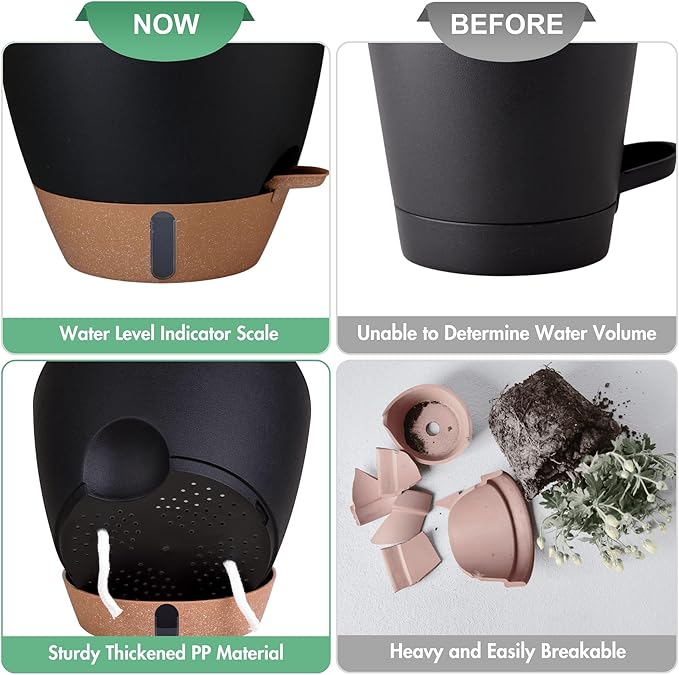 montresor 5-Pack Self-Watering Plastic Plant Pots 5/5.5/6/6.5/7 Inch– Black Indoor Flower Pots with Wick & Water Tray for Herbs, Succulents, Seedlings, Small Plants