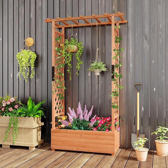 Giantex Raised Garden Bed with Trellis & Hanging Roof, Wood Planter Box with Bottom and Drainage Holes, Freestanding Garden Planter for Flower Vegetable Fruit Herb Climbing Vines, 43.5"x17.5"x72"