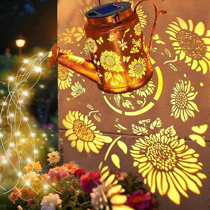 Solar Lanterns Outdoor, Sunflower Watering Can lights, Waterproof Hanging Lanterns Solar Path Lights Outside Yard Patio Gardren Decor, Gardening Christmas Gift for Mom Grandma Women with Shepherd Hook