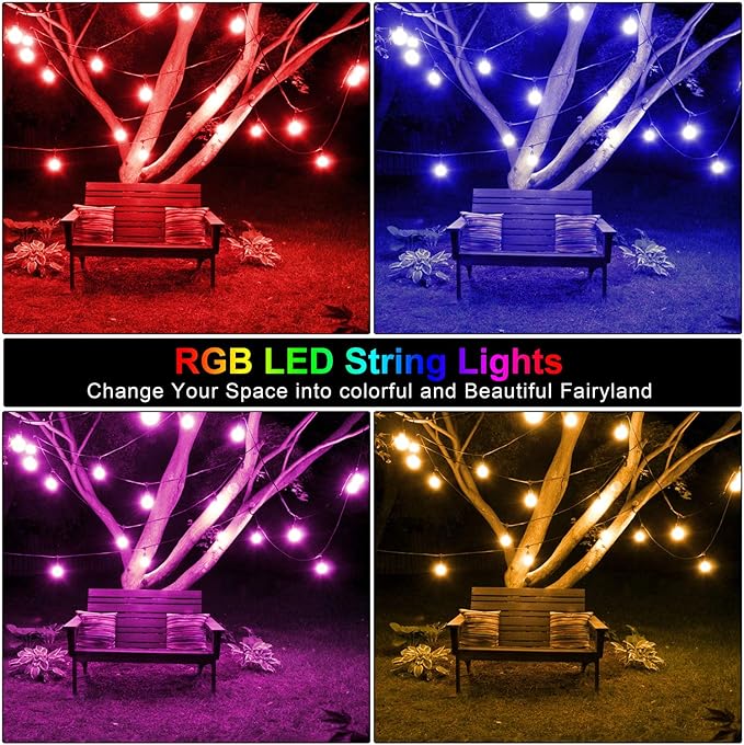 Mlambert 48FT Outdoor Patio Lights Waterproof Dimmable with Remote, RGB Cafe LED String Light with 15 Shatterproof Bulbs for Bistro Party-Black 1 Pack