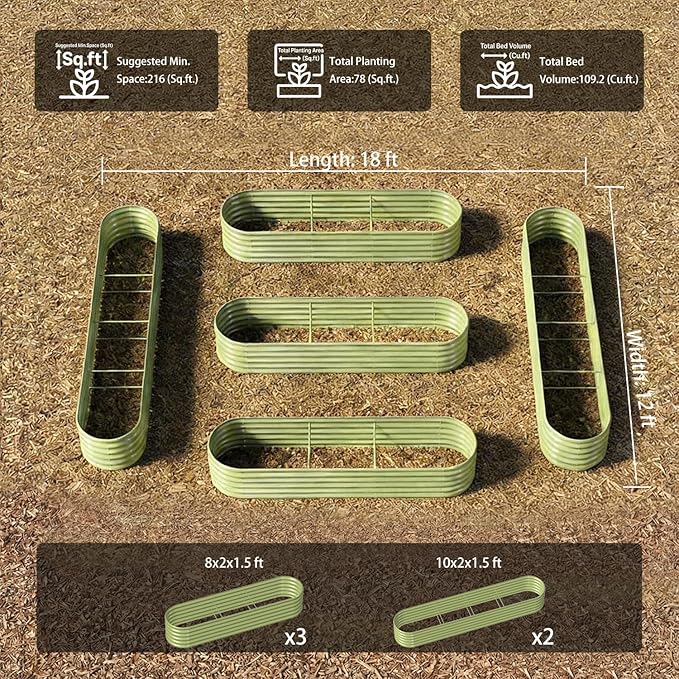 5-Pack 18” Tall Galvanized Raised Garden Beds – Everyday Kitchen Garden Layout, Fits 200 Sq Ft Patio or Backyard, 10x2x1.5 ft & 8x2x1.5 ft Metal Flower Bed for Herbs Vegetable - Moss Green