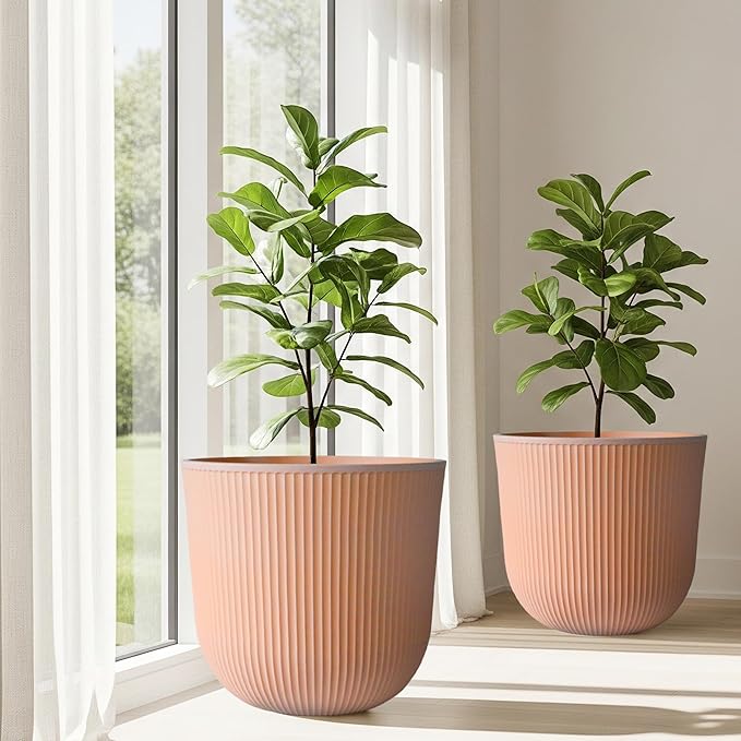 Worth Garden Round Large Planter Pot Set of 2, 17.5" Dia x 15.5" H - Durable Plastic Terracotta Plant Tree Pots with Vertical Stripe Textured Finish, Drainage Hole for Indoor Outdoor Front Porch Patio