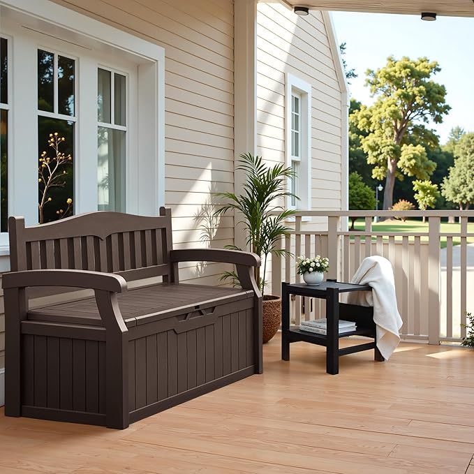 Flamaker 80 Gallon Storage Bench Outdoor Indoor, Durable All-Weather Seating with Hidden Storage, Lockable Deck Box for Garden, Patio, Poolside (Brown)