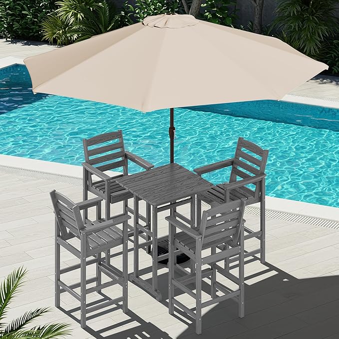 SERWALL 6 Pieces Outdoor Patio Bar Set with 9ft Umbrella, Outdoor HDPE Barstool and Table Furniture Set with Patio Umbrella, Gray
