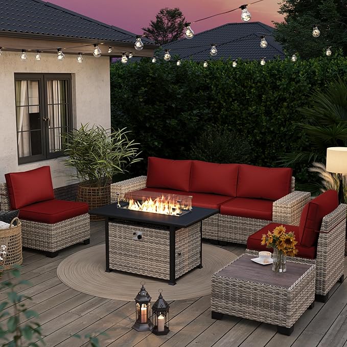 7-Piece Outdoor Patio Furniture Set with 55,000 BTU Fire Pit Table, PE Wicker Rattan Sectional Sofa Patio Conversation Set with Thickened Cushions & Coffee Table, Red